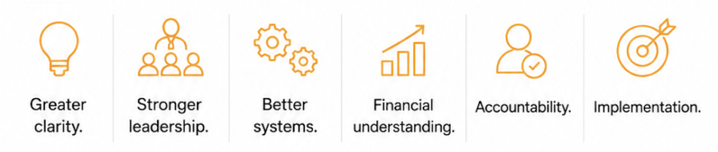 Greater clarity.
Stronger leadership.
Better systems.
Financial understanding.
Accountability.
Implementation.
